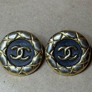 Vintage CHANEL Coco Mark Quilted  Enamel Gold-Tone Earrings Made In France